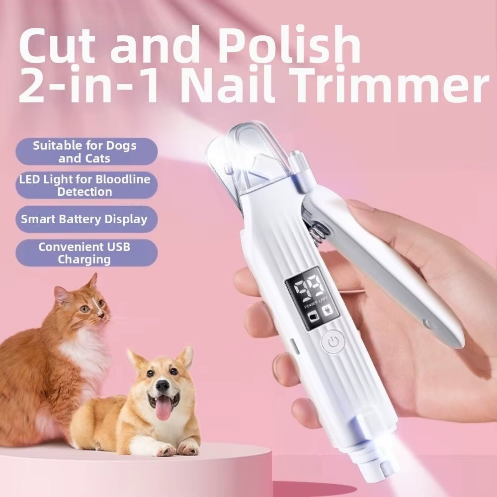 2 in 1 Design Electric Dog Nail Grinder Rechargeable Quiet File Pet Toenail Clippers Grooming Tool with LED Lamp