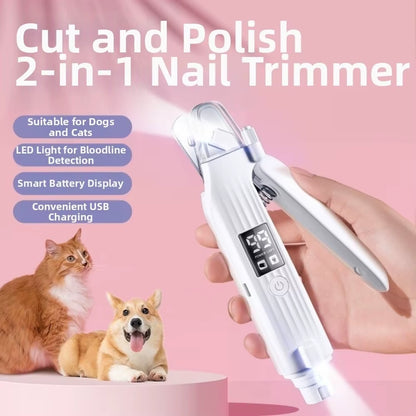 2 in 1 Design Electric Dog Nail Grinder Rechargeable Quiet File Pet Toenail Clippers Grooming Tool with LED Lamp